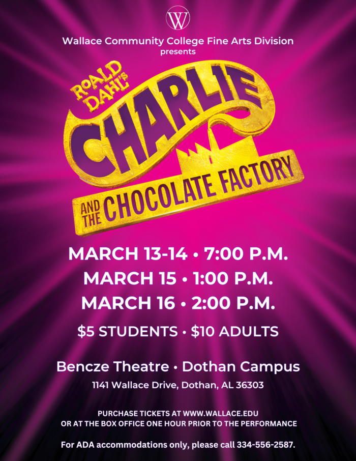 Purple and gold poster with showtimes for Charlie and the Chocolate Factory